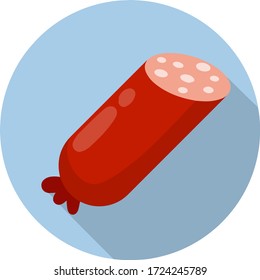 Sausages. Meat food. Icon for the app in a blue circle. Red nutrient object. Sliced half of bologna for a sandwich