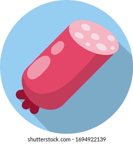 Sausages. Meat food. Red nutrient object. Sliced half of bologna for a sandwich. Icon for the app in a blue circle