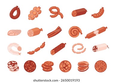 Sausages. Meat products. Pork sausage chorizo salami ham, beef barbecue food, pepperoni, chicken smoked meat. Shopping, market butcher product. Oktoberfest festival. Vector set.