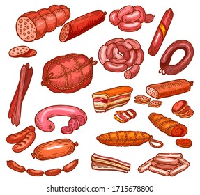 Sausages and meat sketch, butchery shop food vector delicatessen. Meat and sausages, beef and pork ham, bacon and barbecue steaks, smoked sausages salami, frankfurter wurst, mortadella and cervelat