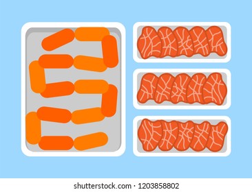 Sausages and meat steaks fresh organic products in plastic tray, retail market. Butchery food in package vector icon, veal and pork, tenderloin and sirloin