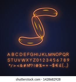 Sausages neon light icon. Butchers meat. Semifinished. Meat production and sale. Half stuff for lunch and barbecue. Glowing sign with alphabet, numbers and symbols. Vector isolated illustration