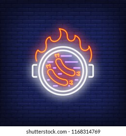Sausages on barbeque grill with fire flame neon sign. Grill, barbeque, dinner. Advertisement design. Night bright neon sign, colorful billboard, light banner. Vector illustration in neon style.