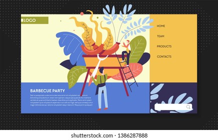 Sausages on grill barbecue party summer outdoor activity cooking vector man in apron with big fork roasted food Internet web page template recreation on nature weekend culinary recipe guy on ladder