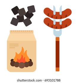 Sausages on a meat fork, charcoal for fire in the package and pile of coals vector flat material design isolated on white