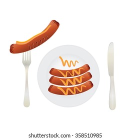 Sausages on a plate. Sausage, mustard, plate, fork, knife. Top view.