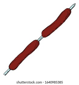 Sausages on a skewer. Vector cartoon illustration. Isolated object on a white background. Hand-drawn style.