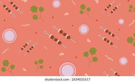 Sausages on skewers, chili peppers, and herbs on muted green. Excellent for fast food branding, grill menus, and food illustrations.
