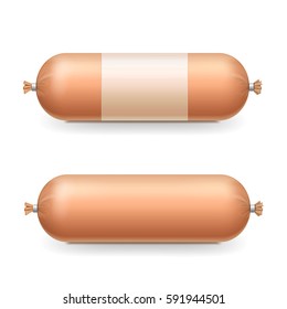 Sausages on white background. Realistic package template Vector illustration