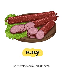Sausages on wooden cutting board isolated on white background vector illustration