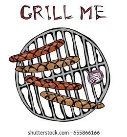 Sausages and Onion on The BBQ Grill. Lettering Grill Me. Barbecue Logo. Realistic Doodle Cartoon Style Hand Drawn Sketch Vector Illustration.Isolated On a White Background.