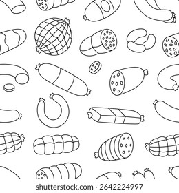 Sausages outline pattern. Sausages products. Butchery menu design template for food market, ecommerce, products promotion. Vector illustration.