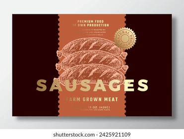 Sausages package label. Vector food product design layout with hand drawn illustration. Modern typography banner. Color Paper Background Layout with Gold Foil Effect. Isolated