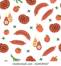 Sausages pattern, bbq grilled sausages seamless pattern Barbeque food background, sauce, ketchup, mustard, tomatoes, pepper, herb. Hand draw cartoon sausages. Cute snack vector illustration.