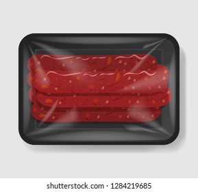 Sausages in plastic tray container with cellophane cover. Mockup template for your design. Plastic food container. Vector illustration.