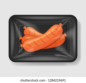 Sausages in plastic tray container with cellophane cover. Mockup template for your design. Plastic food container. Vector illustration.