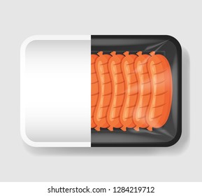 Sausages in plastic tray container with cellophane cover. Mockup template for your design. Plastic food container with clear white label template. Vector illustration.
