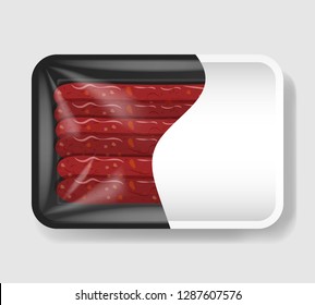 Sausages in plastic tray container with cellophane cover. Mockup template for your design. Plastic food container. Vector illustration.