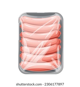 Sausages in plastic tray vector illustration. Cartoon isolated supermarket or butcher shop package of german wieners, meat food ingredient for cooking hot dog, packet of sausages for BBQ grill