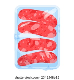 Salchichas en la ilustración vectorial de la bandeja de plástico. Caricatura porción aislada de salchichas de carne congeladas o frescas frías para asados y parrilladas en recipientes de supermercados, caja con envoltura de polietileno