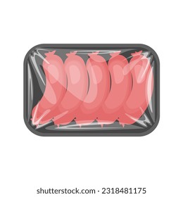 Sausages in polyethylene package tray. Design element for your design. Plastic pack supermarket container with sausage. Vector illustration isolated.