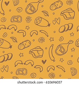 Sausages seamless pattern. Hand drawn background with cute illustration of meat products: ham, wurst, meatball. Funny vector motif for wrapping and packaging of food