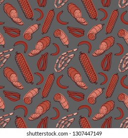 Sausages seamless pattern vector illustration contours hand drawing