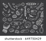 Sausages set. Food. Hand drawn doodle Meat products: Ready sausage, bacon, sliced saveloy, sausage, spicy pepperoni, smoked sausages, stick of salami, baked meatloaf, frankfurters