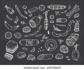 Sausages set. Food. Hand drawn doodle Meat products: Ready sausage, bacon, sliced saveloy, sausage, spicy pepperoni, smoked sausages, stick of salami, baked meatloaf, frankfurters