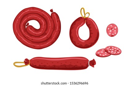 Sausages Set of fresh and prepared meat. Beef, pork,  salami sausages. Modern flat style realistic vector illustration icons isolated on white background