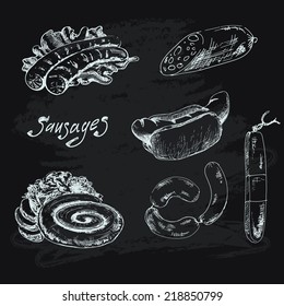 Sausages. Set of hand drawn graphic illustrations
