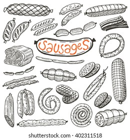 Sausages set. Hand drawn vector illustrations. Freehand food icons for restaurant menu or food package design.