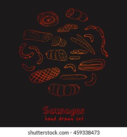 Sausages set. Hand drawn vector illustrations. Freehand food icons for restaurant menu or food package design.