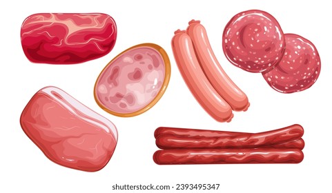 Sausages set vector illustration. Cartoon isolated top view of delicatessen meat products collection, dry cured prosciutto and smoked ham one slice, traditional thin sausages and sliced salami