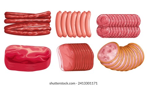 Sausages set vector illustration. Cartoon isolated top view of different delicatessen meat product collection, whole wieners and sliced smoked sausages, pieces and thin slices of prosciutto and ham