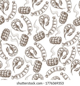 Sausages and shrimps, crispy corn seamless pattern of grilled food. Meat and seafood for breakfast, dinner or lunch. Tasty prawn dish, picnic or menu food, Monochrome sketch outline, vector in flat