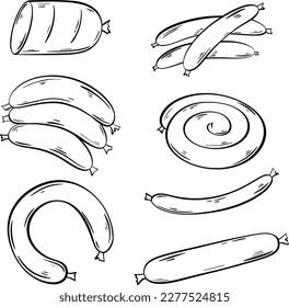 Sausages sketch set. Hand ink engraving meat products. Grilled sausage, salami, sausage ring, ham doodle collection. Sausage isolated, vector illustration