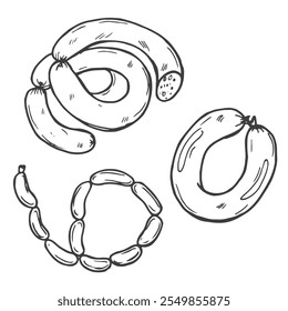 Boceto de salchichas. Salchichas Antiguas y garabatos de Vector de alimentos cárnicos, jamón y salami, pepperoni y salchichas Ilustración vectorial dibujada a mano