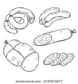 Boceto de salchichas. Salchichas Antiguas y garabatos de Vector de alimentos cárnicos, jamón y salami, pepperoni y salchichas Ilustración vectorial dibujada a mano