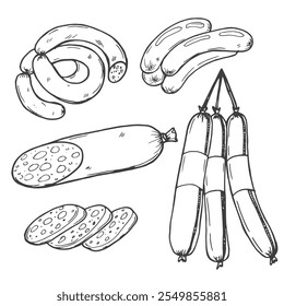 Boceto de salchichas. Salchichas Antiguas y garabatos de Vector de alimentos cárnicos, jamón y salami, pepperoni y salchichas Ilustración vectorial dibujada a mano