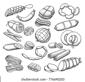 Sausages sketch. Vintage sausage and meat food vector doodles, ham and salami, pepperoni and wieners hand drawn vector illustration