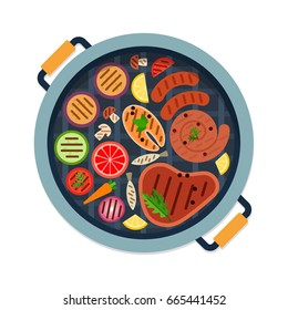 Sausages, steak, fish and vegetables on the circle grill top view vector flat design isolated on white