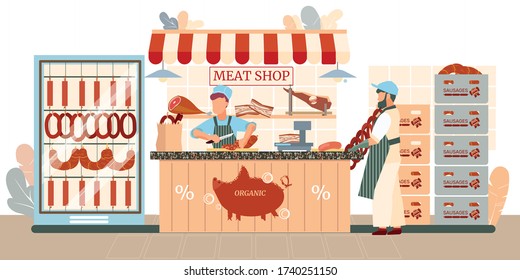 Sausages store flat composition with view of meat shop market stall with food products and people vector illustration