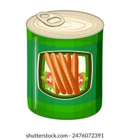 Sausages tin can isolated on white background. Tinned sausages with label. Container preserved picked smoked meat product. Concept of tinned food package. Stock vector illustration