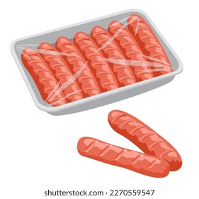 Sausages in vacuum plastic packaging. Sausages packaging on the container. Cartoon raw Sausages. Flat vector illustration isolated on a white background