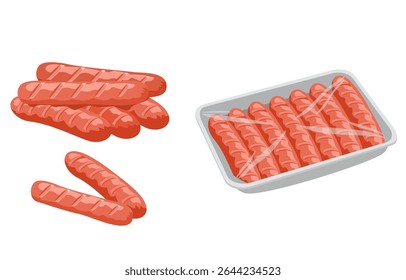 Enchidos em embalagens de plástico a vácuo. Enchidos embalados no recipiente. Enchidos crus de desenho animado. Ilustração de vetor plano isolada em um fundo branco