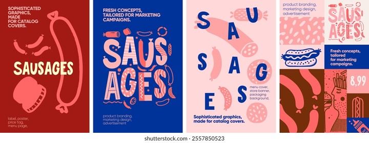 Sausages. Whimsical sausage-themed layouts with creative hand-drawn illustrations, perfect for product branding, packaging, and menu designs.