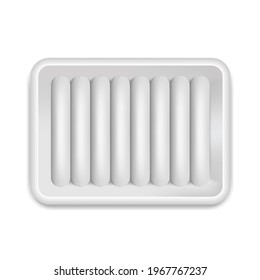 Sausages in white plastic tray packaging. Vector 3d realistic mockup. package food template. Ready for design. Top view. EPS10. 