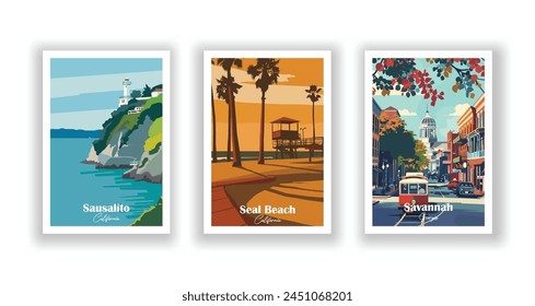 Sausalito, California, Savannah, Georgia, Seal Beach, California - Vintage travel poster. Vector illustration. High quality prints