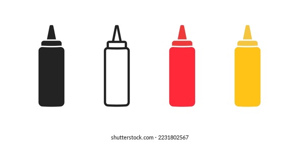 Sause in bottle icon on white background. Ketchup and mustard sign. symbol. Colored flat design. Vector illustration.